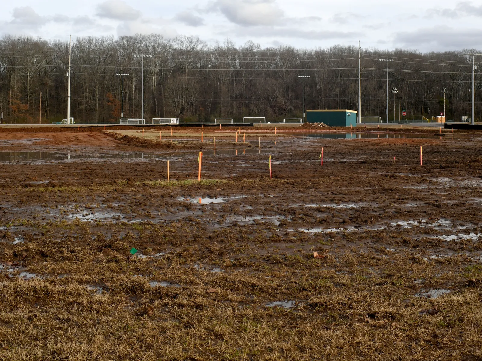 Graded pickleball-court construction site with survey stakes and standing water